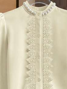 Franclia 女士休闲通勤圆领长袖珍珠装饰衬衫，优雅百搭，适合工作场合，秋冬季穿着。 - 杏色 - 查看 4