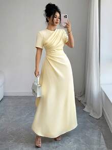 Elenzga Đầm Maxi Tay Ngắn Dáng Chữ A Cổ Tròn Xếp Ly Eo Cho Nữ, Phong Cách Đường Phố Retro Pháp Thanh Lịch, Tối Giản, Phù Hợp Mặc Thường Ngày, Trang Trọng, Công Sở, Kỳ Nghỉ, Xuân/Hè - Màu vàng ngỗng - Xem 6