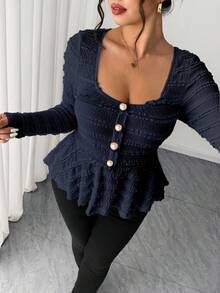 Elenzga Plus Size Women's New Spring/Summer/Autumn Casual Commute Travel Shirt, Textured Fabric Asymmetric Hem Bell Sleeve Side Metal Decor Design, Autumn - Navy Blue - View 4