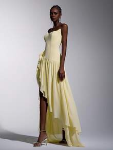 Elitara Vestido ajustado con hombros descubiertos, estilo vintage romántico de Atenas, con cuello de gato, abertura y volantes en el bajo, adecuado para el té de la tarde, eventos de negocios y varias ocasiones como bailes formales, vestido formal de sensación de red, vestido formal - Amarillo - Ver 7