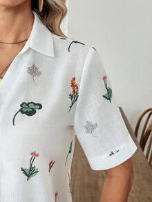 Louniche 标准尺码女士休闲印花简约短袖衬衫 - 白色 - 查看 6