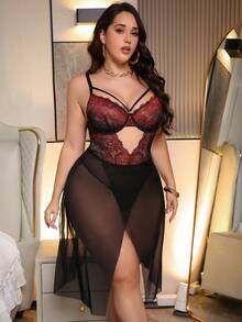 SHEIN 2pcs Plus Size Sexy Lingerie Set With Mesh And Contrast Lace - Multicolor - View 4