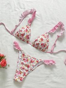 Swim Mod Conjunto de bikini de dos piezas con estampado tropical, ropa casual de resort - Multicolor - Ver 2