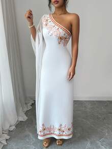 Rafferiza Women's Spring/Summer/Autumn Middle East Off-The-Shoulder Printed Splice Net Dress, Slim And Elegant, Flow And Majestic Long Dress - White - View 3