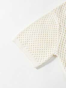 Franclia Women's Basic Minimalist Hollow Out Fashion Commute Collared Sweater Set With Shorts - Beige - View 7