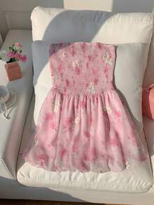 Comfortcana Women's Floral Print Strapless Backless Mini Dress, Vacation Style - Baby Pink - View 4