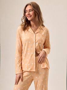 Loomlin Women 2pcs Button Front With Heart Pattern Detail Homewear Pajama Set Heart Pajama Set Long Sleeve Pj Set Soft Pajamas Set Women's Pajama Set - Multicolor - View 3