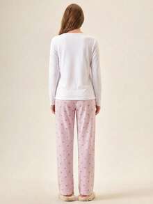 Loomlin 棉质女士可爱熊和心形图案长袖和裤子家居服舒适睡衣套装 - 白色 - 查看 2