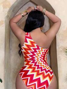 Slaydiva 大码女式几何线条印花时尚度假休闲修身不对称领口连体泳衣 - 彩色 - 查看 2