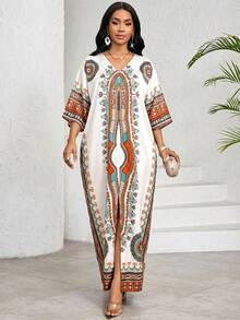 SHEIN Lady 女士印花V领七分袖宽松连衣裙，度假风 - 彩色 - 查看 7