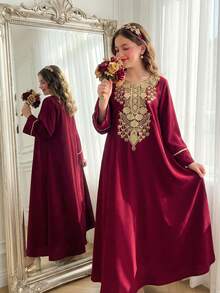 SHEIN Elegante Robe Verde Modesta, Vestido de Estilo Abaya de Ajuste Slim Casual para Adolescentes, Design Inspirado no Oriente Médio