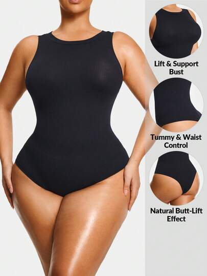 SHAPORA Plus Size Women Solid Color Tummy Control Butt Lifting Shapewear Bodysuit