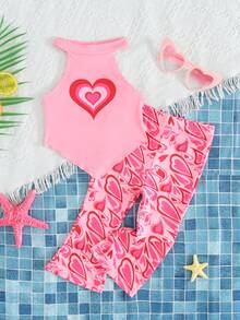 SHEIN 女婴爱心印花弹力吊带背心和喇叭裤套装（2件套），可爱印花百搭套装 - 粉色 - 查看 2