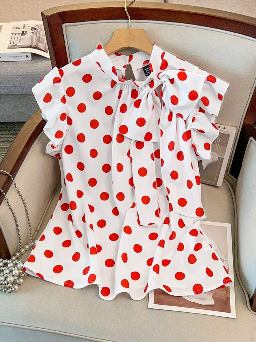 GlowEve CURVE Plus Size Women Polka Dot Cap Sleeve Bow Tie Blouse Valentine's Day - Red and White - View 1