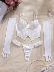 Crystal Vow 4pcs Sexy Lace Patchwork Mesh Sheer Bra Set For Women - White - View 6