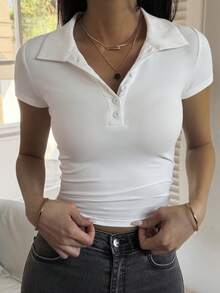 DAZY Áo thun nữ tay ngắn cổ bẻ ôm sát, kiểu dáng thường ngày gợi cảm, phong cách đường phố mùa hè Y2K - trắng - Xem 1