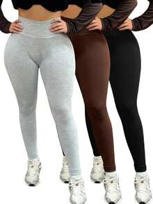 INAWLY Bộ 3 quần thể thao yoga cạp cao màu trơn đơn giản dành cho nữ - Nhiều màu - Xem 2