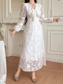 DAZY V-Neck Lace Long Sleeve Waist Cinched Dress For Women Dress Sundress - White - View 4