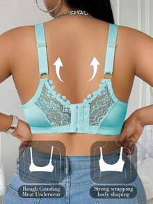 DesireSculpt 1pc Plus Size Lace Patchwork Wireless Bra - Green - View 2