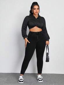 SHEIN ICON Quần jeans skinny dáng suông, túi xéo, màu trơn, cỡ lớn, kiểu dáng thường ngày. - màu đen - Xem 3