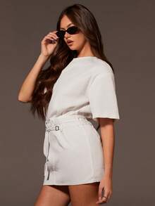 Athîral 女士休闲短袖系带直筒白色迷你连衣裙 - 白色 - 查看 6