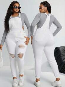 SHEIN SXY Plus Size Women Pocket Distressed Skinny Casual Bib Overall Jumpsuit - White - View 1
