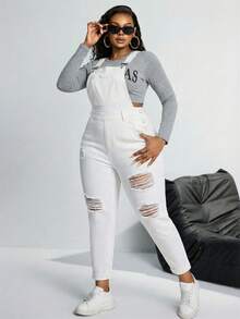 SHEIN SXY Plus Size Women Pocket Distressed Skinny Casual Bib Overall Jumpsuit - White - View 5