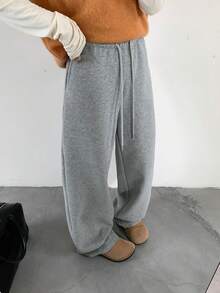 K-Vae Casual Versatile Solid Color Drawstring Waist Long Pants - Grey - View 3