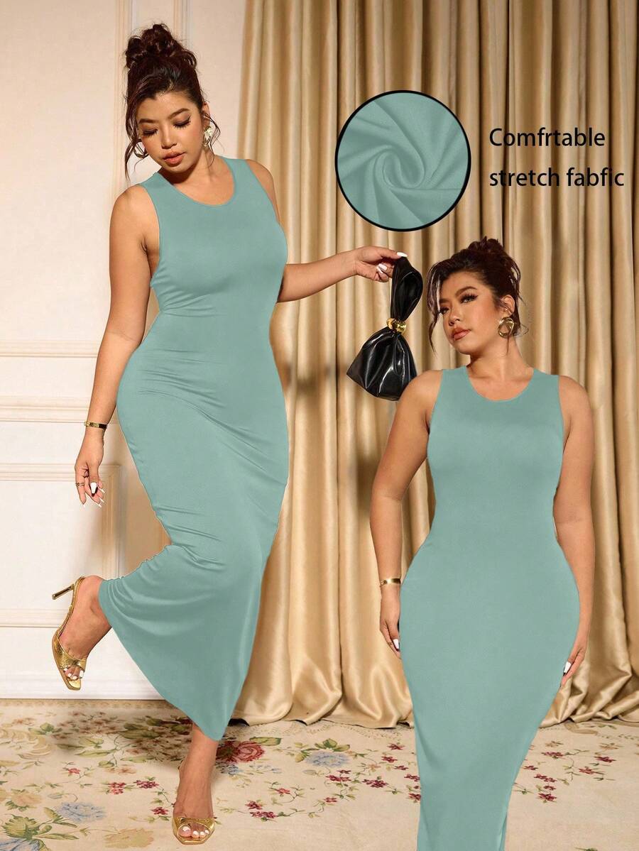 Cravure Plus Size Elegant Solid Color Sleeveless Fitted Dress, Summer - Lime Green - View 1
