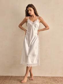 1pc Charlaine Elegant Lace Floral Print Spaghetti Strap Summer Holiday Nightgown, Romantic & Minimalist, Chic French Style Lace Sleepwear