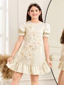 SHEIN 少女纯色泡泡袖3D立体花朵装饰A字连衣裙，香槟色，适合派对、婚礼花童等场合。 - 杏色 - 查看 10
