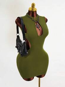 Mistrie Winter New Chinese Style Cheongsam Collar Front Cutout Backless Fitted Mini Dress For Women - Army Green - View 3
