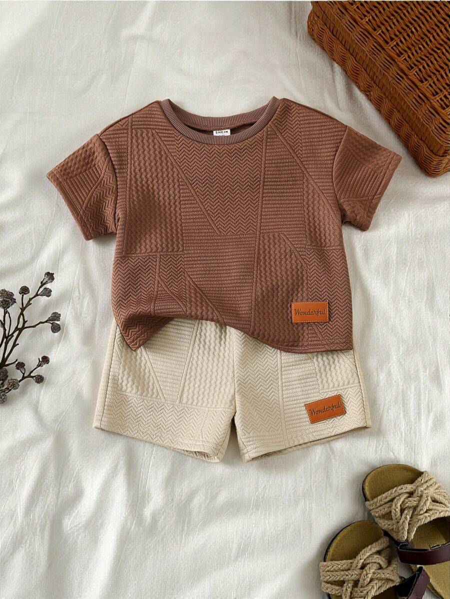 SHEIN Bộ 2 áo thun tay ngắn in chữ đơn giản dễ thương cho bé trai/bé gái và quần short - Nhiều màu - Xem 1