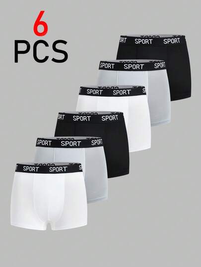 SHEIN 6pcs/Pack Tween Boys' Casual Letter Print Elastic Waist Breathable Boxer Briefs