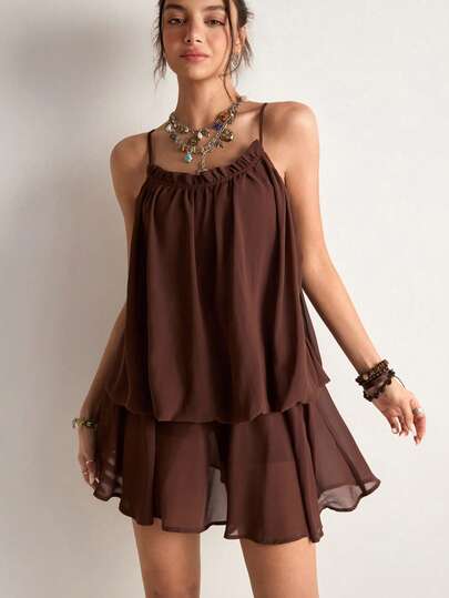 Freevana Women's Solid Color Spaghetti Strap Ruffle Hem Loose Mini Dress