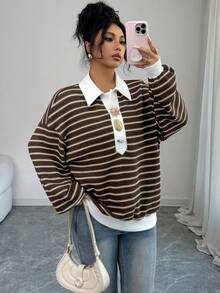 Selianne Brown Striped Long-Sleeve Sweatshirt/T-Shirt Top With Metal Buckle Accents - Fashionable Casual For Daily Outings, Christmas & New Year, Women's Autumn & Winter Wear - Brown - View 5