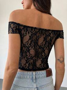 Aloruh New Spring/Summer Black Elegant Sexy Y2K Music Festival Party Off-Shoulder Lace Sheer Cutout Bow Sheer Top - Black - View 2