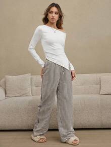 SHEIN 女士纯色不对称肩长袖上衣和条纹裤睡衣套装 - 黑色 - 查看 4
