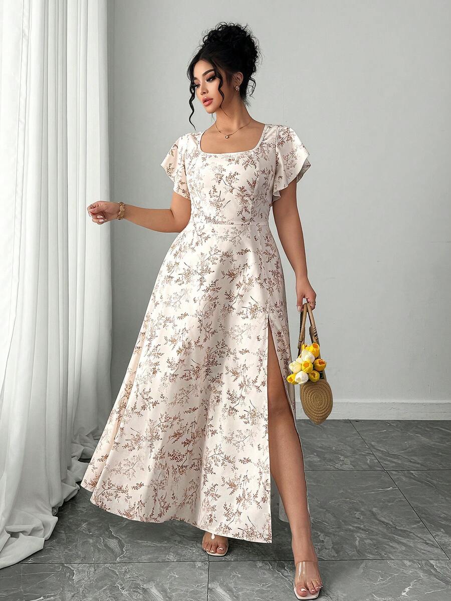 Elenzga Rochie stil rustic, casual, cu imprimeu floral, mărime plus - Caisă - Vizualizare 1