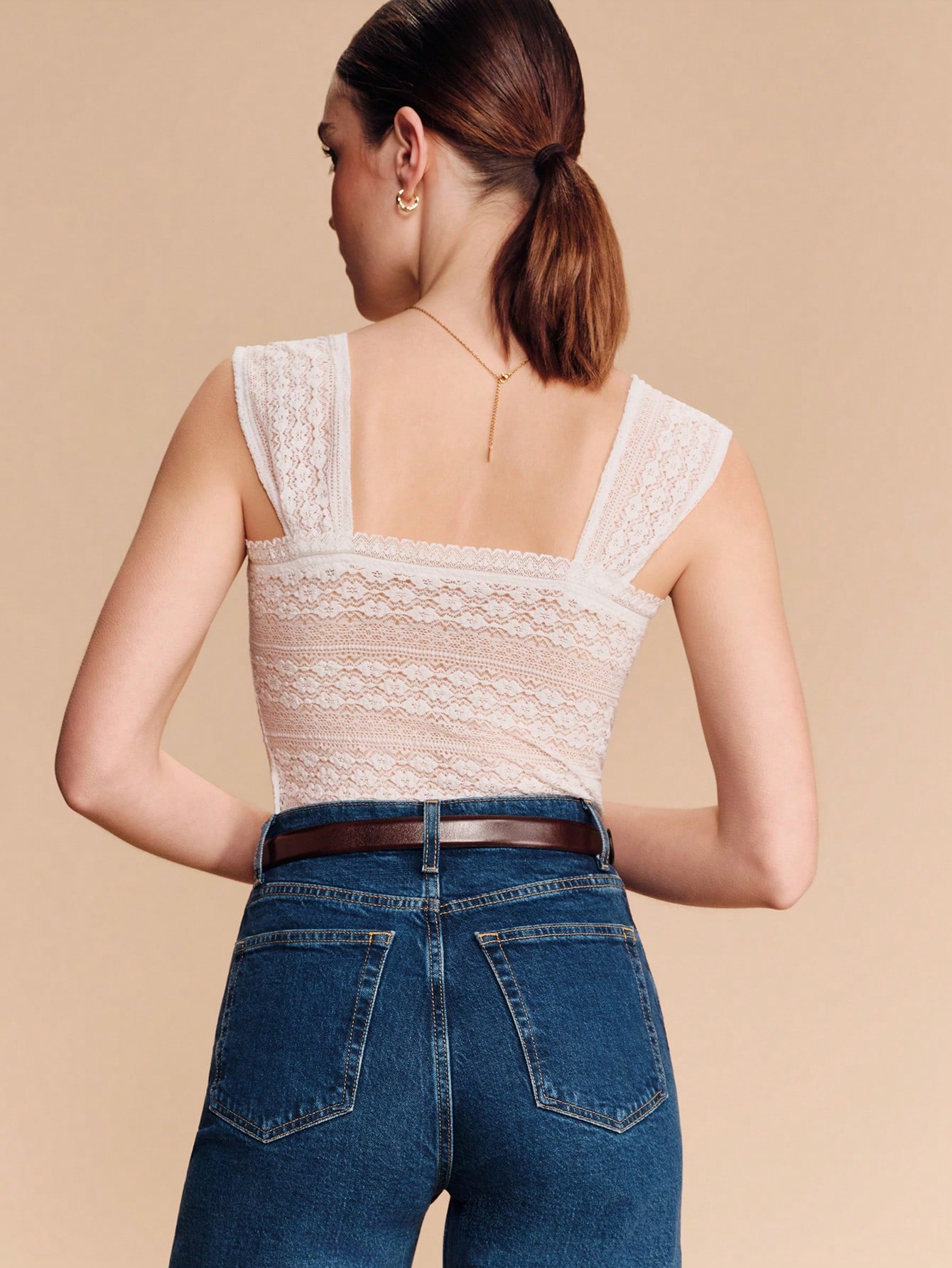 Top Quadrada Sem Mangas de Renda Branca Elástica, Estilo Boho, Primavera Verão, Fofa, Romântica, Estilo Francês, Estilo Parisiense