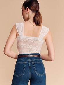 lacRébo White Lace Stretch Square Neck Sleeveless Top Boho Spring Summer Cute Romantic French French Style Parisian Style - Beige - View 2