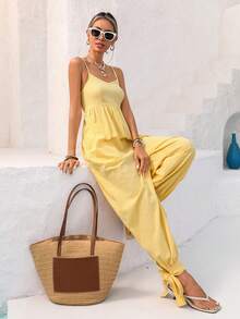 Vivid Eden 女士宽松休闲连体裤，系带袖口，纹理面料，适合户外、度假、春夏穿着 - 黃色 - 查看 5