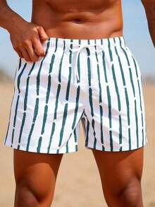 Solantero Men's Striped Olive Green Beach Shorts With Pockets Breathable Elastic Anti-Wrinkle Triangle Lining Summer Swim Trunks - Olive Green - View 3