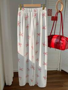 Comfortcana 女士休闲裤，蝴蝶结印花和蝴蝶结装饰，夏季女装 - 白色 - 查看 2