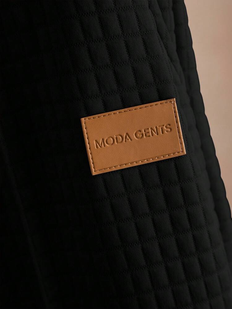 Core Aspect 男士字母刺绣拉链 Polo 领短袖上衣和裤子休闲套装 - 黑色 - 查看 4