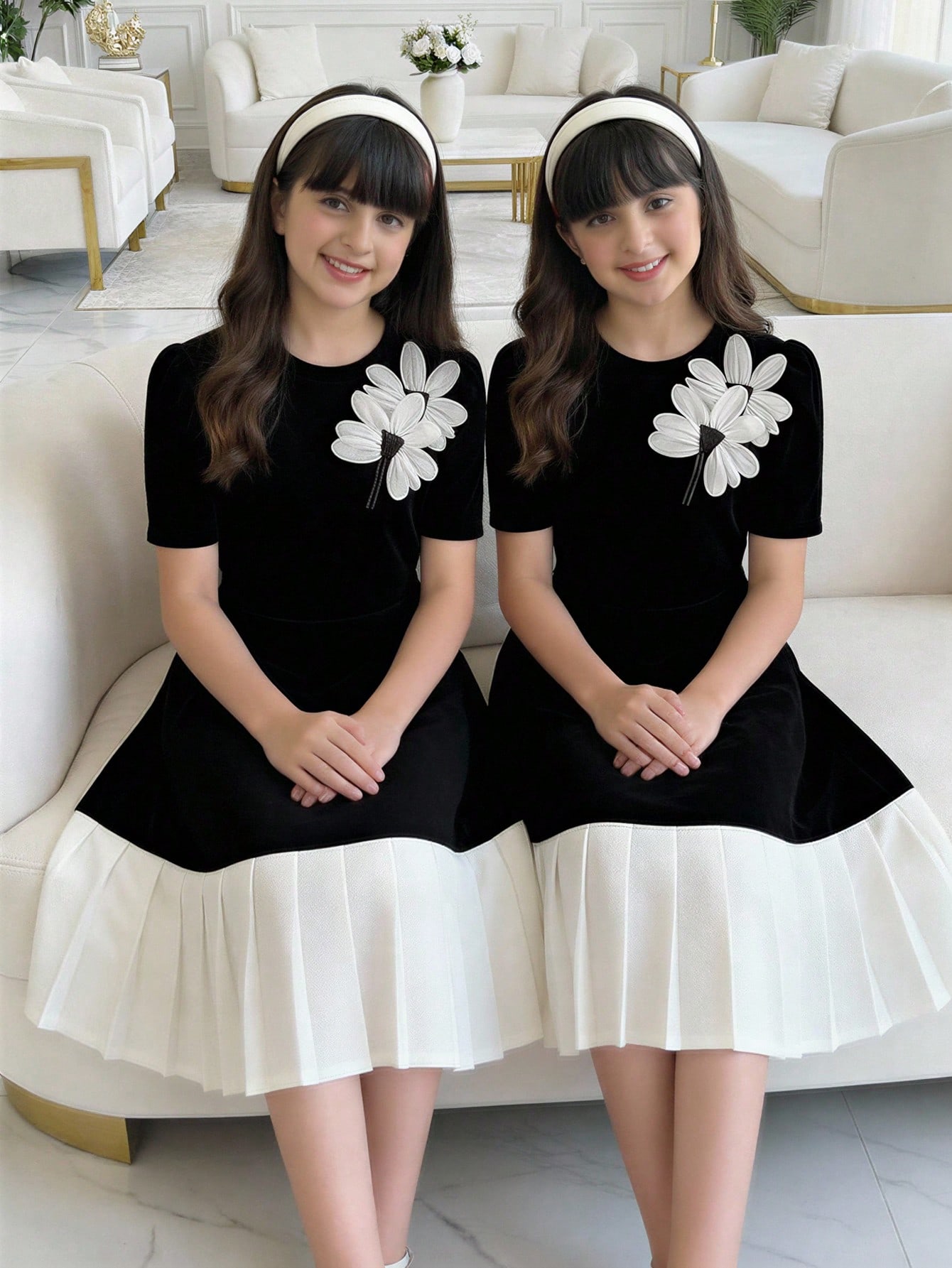 فستان قصير بأكمام قصيرة مطوي بفيونكة للفتيات المرا...