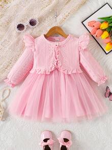 SHEIN 两件套女婴甜美公主裙套装，粉色荷叶边袖外套+无袖连衣裙，松紧腰蝴蝶结设计，时尚百搭，适合日常穿着 - 粉色 - 查看 7