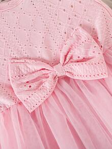 SHEIN 两件套女婴甜美公主裙套装，粉色荷叶边袖外套+无袖连衣裙，松紧腰蝴蝶结设计，时尚百搭，适合日常穿着 - 粉色 - 查看 9