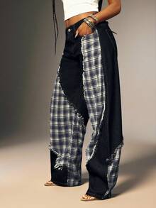 Denimoi Plaid Contrast Baggy Barrel Jeans Boyfriend Jeans Fashionable Streetwear Statement Jeans - Dark Wash - View 3