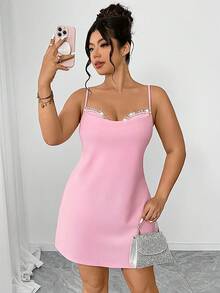 Elenzga 大码女士短款吊带裙，垂褶领口，钻石装饰，优雅性感浪漫，适合派对、聚会、度假、婚礼等场合，高弹面料，修身腰部，A字裙摆，粉色 - 粉色 - 查看 3